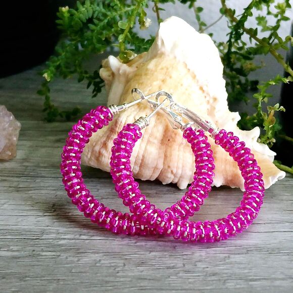 Pink Beaded Hoop Earrings, Seed Bead Jewelry, Handmade Jewelry 1.5" - Picture 3 of 3